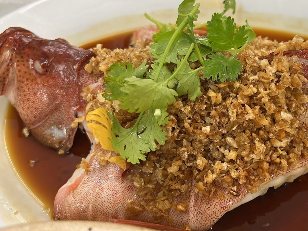 Steamed whole fish topped with crispy fried garlic and coriander, in soy sauce